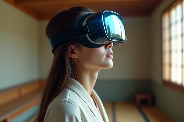 VRヘッドセットを装着し、日本の伝統的な茶道を体験する人々