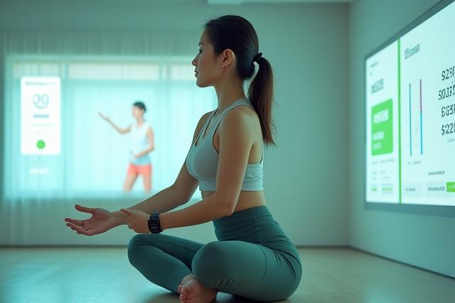 フィットネスアプリで運動する女性