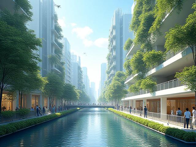 多様な技術と自然が融合した未来的な都市景観